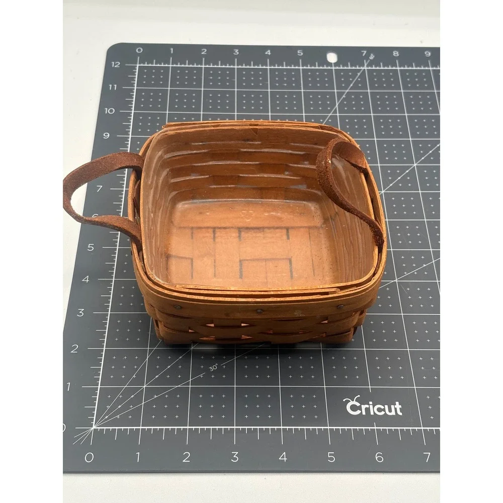 Longaberger Handwoven Basket 1991 Square Small Leather Handles Plastic Liner USA